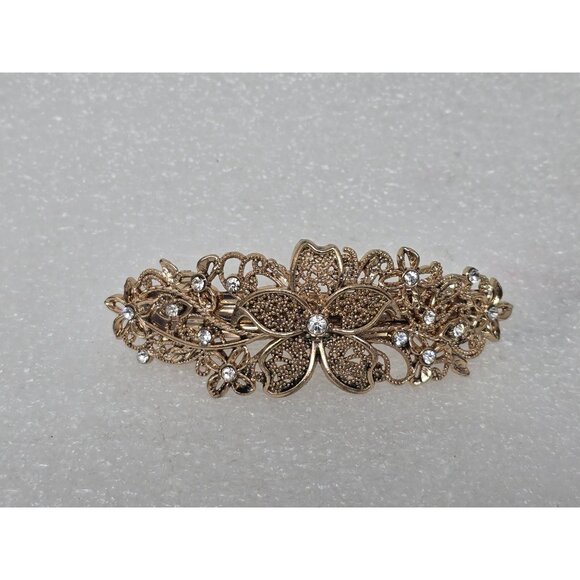 Vintage Gold Tone Floral Rhinestone Hair Barrette Clip - Picture 2 of 3